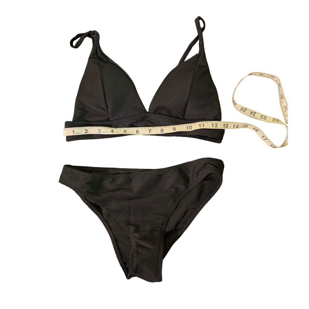 Women's Black Ribbed‎ Bikini Set Size M Triangle Top High Cut Bottom Swimwear
